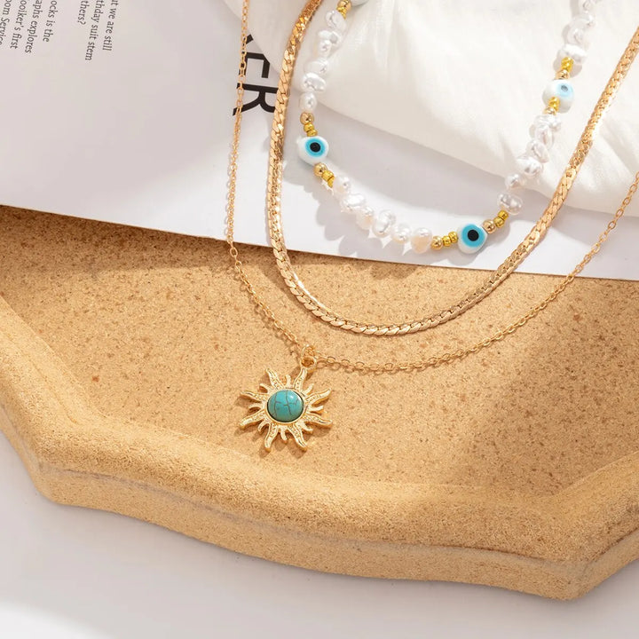 EthnoCharm Necklace Set – Sunflower & Evil Eye Accessories Bowlift