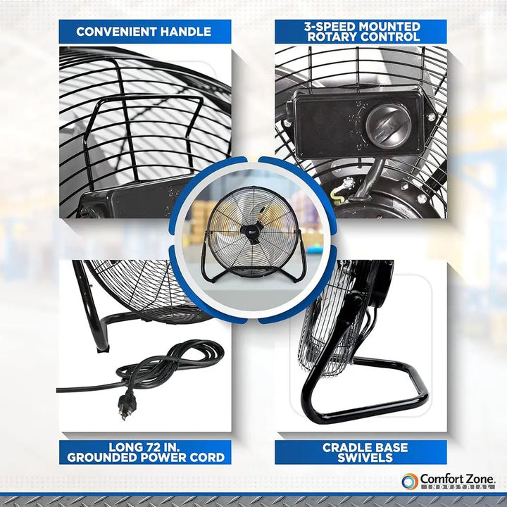 18-Inch Industrial High-Velocity Floor Fan – 3-Speed Adjustable Tilt with Carry Handle for Workshop & Home Use | Bowlift