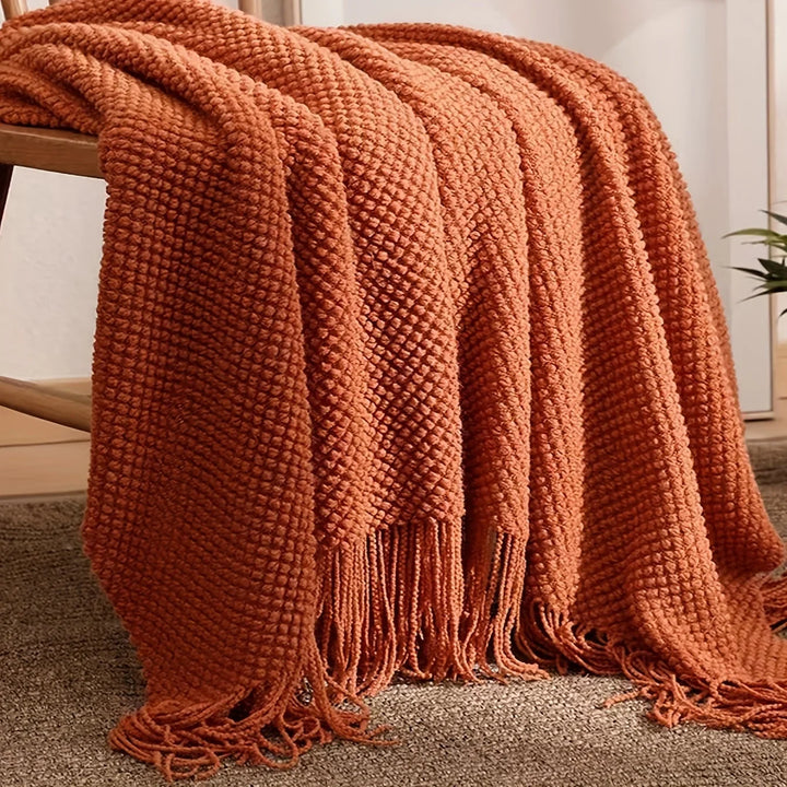 BowLift | Aurelia Cozy Tassel Knitted Blanket in Morandi Orange | Soft & Warm | 3 Sizes | For Sofa, Bed & Travel
