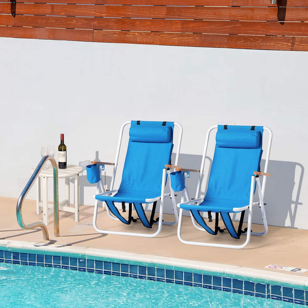 BowLift | 2-Pack Foldable High-Strength Beach Chairs with Adjustable Headrest – Blue