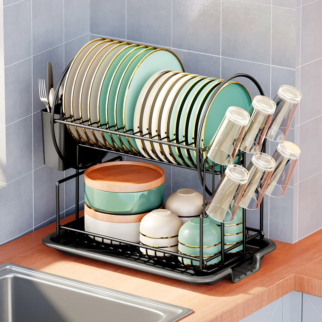 BowLift | 2-Tier Dish Drying Rack with Drainboard & Cutlery Holder – Aria