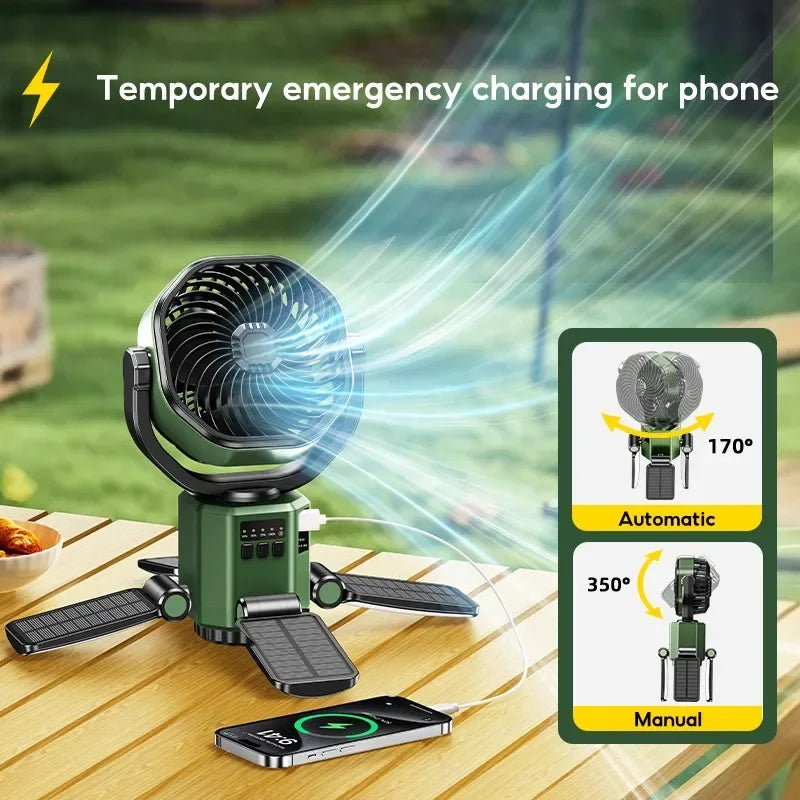 BowLift | Solar Camping Fan with 6000mAh Battery, LED Light & 4-Speed Cooling – SunBreeze