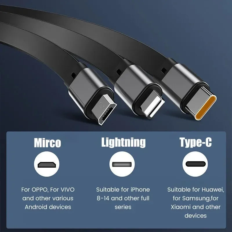 BowLift | 3-in-1 Charging Cable | Fast Charging 100W | Extendable & Universal | FlexiCharge for iPhone, Android & USB-C