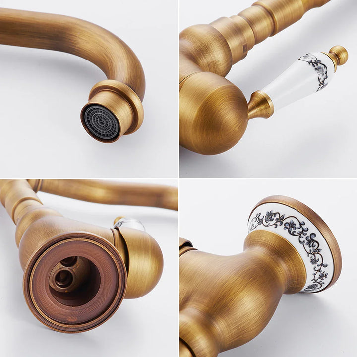 Kitchen faucet made of antique brass with ceramic handle - 360° swivel | Traditional design Bowlift