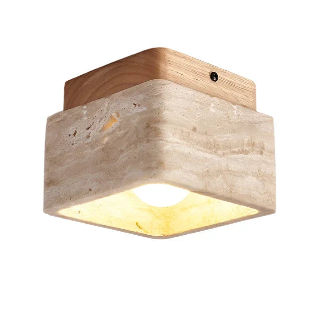 BowLift | Square Travertine & Wood LED Ceiling Lamp