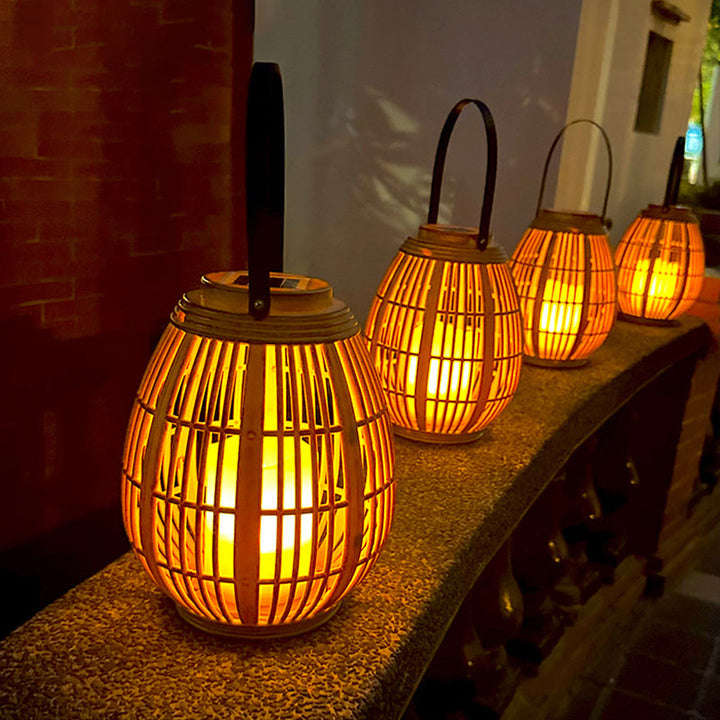 Modern Art Deco Solar Round Lantern Rattan LED Outdoor Landscape Light For Garden | Bowlift