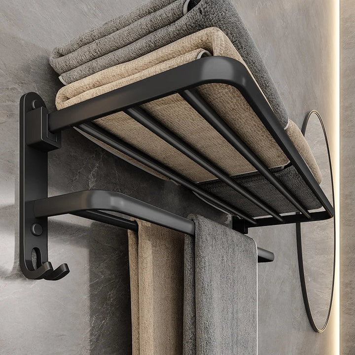 BowLift | EasyTowel Foldable Towel Rack – Space-Saving & Stylish Black Wall-Mounted Bathroom Rack