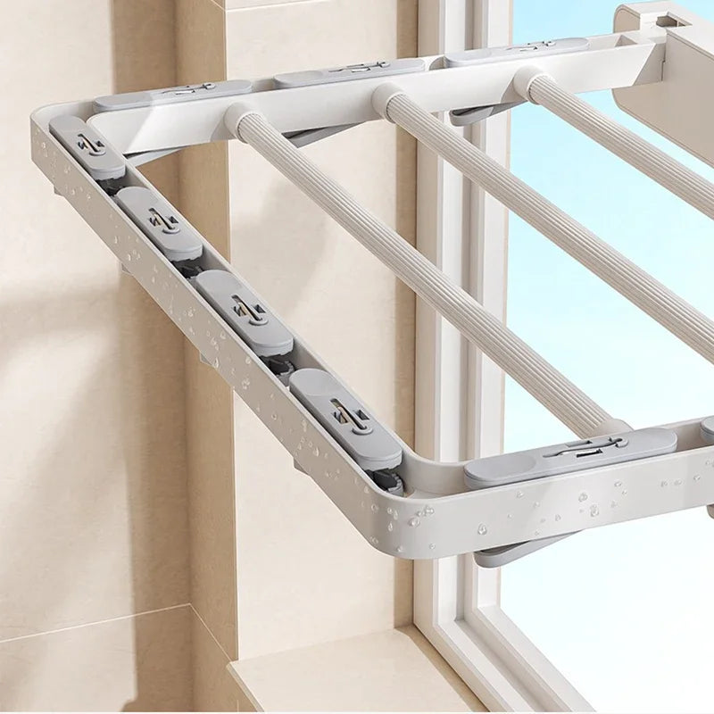 BowLift | DryFold Wall-Mounted Folding Clothes Drying Rack | Foldable & Space-Saving | With Wind-Resistant Clips | Plastic/Stainless Steel