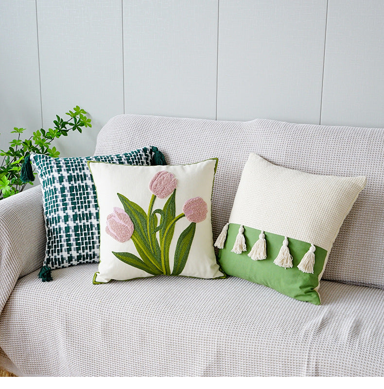 Embroidered tulip cushion cover
