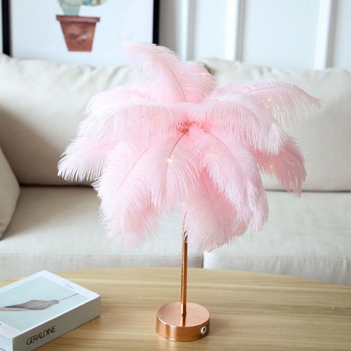 Ostrich Night Light | Eccentric Lamp with Feathers & Rose Gold Base | Bowlift