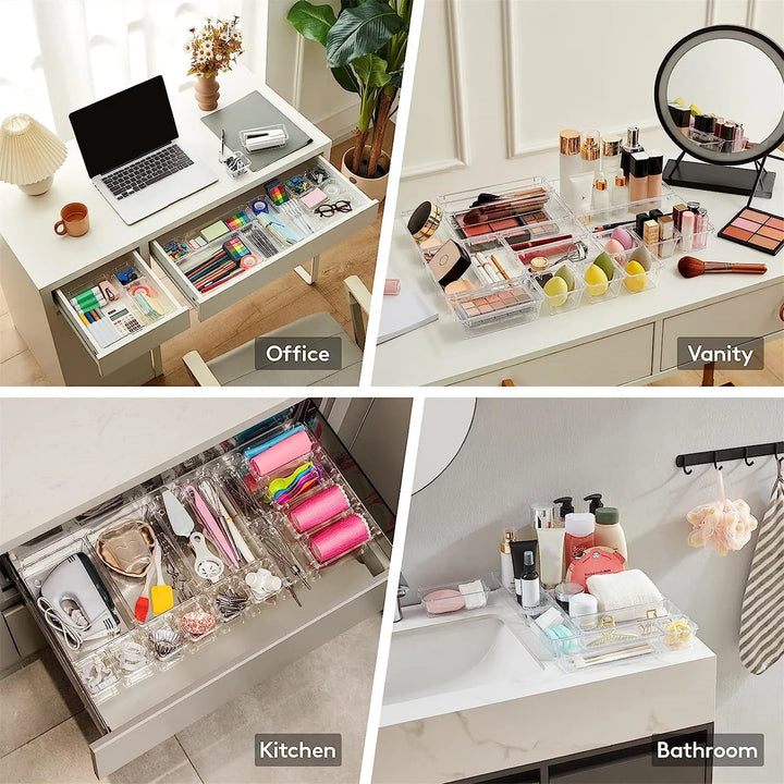 BowLift | Clearyx Organizer Set | 18-piece Transparent | Modular & Stackable | For Bathroom, Kitchen & Office