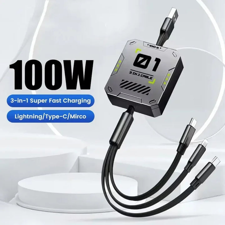 BowLift | 3-in-1 Charging Cable | Fast Charging 100W | Extendable & Universal | FlexiCharge for iPhone, Android & USB-C