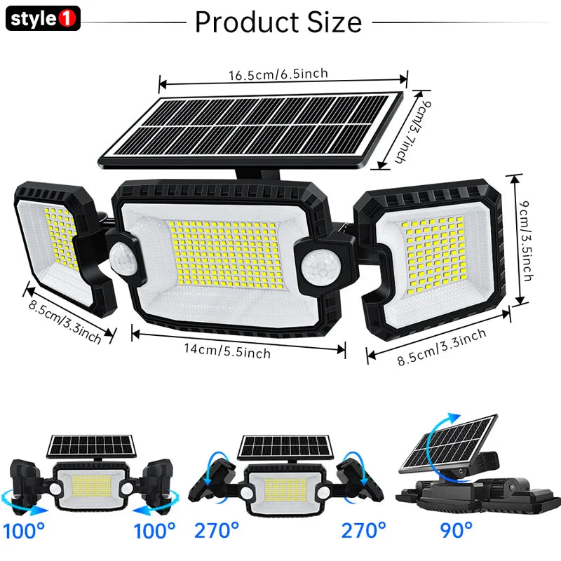 BowLift | SecuSolar MaxView 167 Solar Security Spotlight 167 LEDs | 3 Adjustable Heads | Motion Sensor & 3 Light Modes | IP65 Waterproof | 2200 Lumens