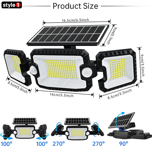 BowLift | SecuSolar MaxView 167 Solar Security Spotlight 167 LEDs | 3 Adjustable Heads | Motion Sensor & 3 Light Modes | IP65 Waterproof | 2200 Lumens