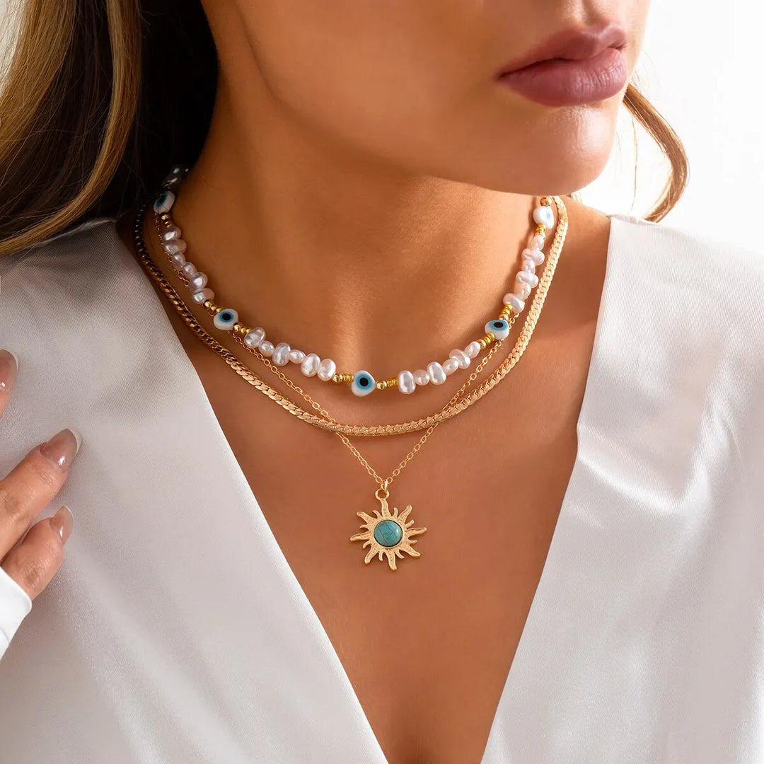 EthnoCharm Necklace Set – Sunflower & Evil Eye Accessories Bowlift
