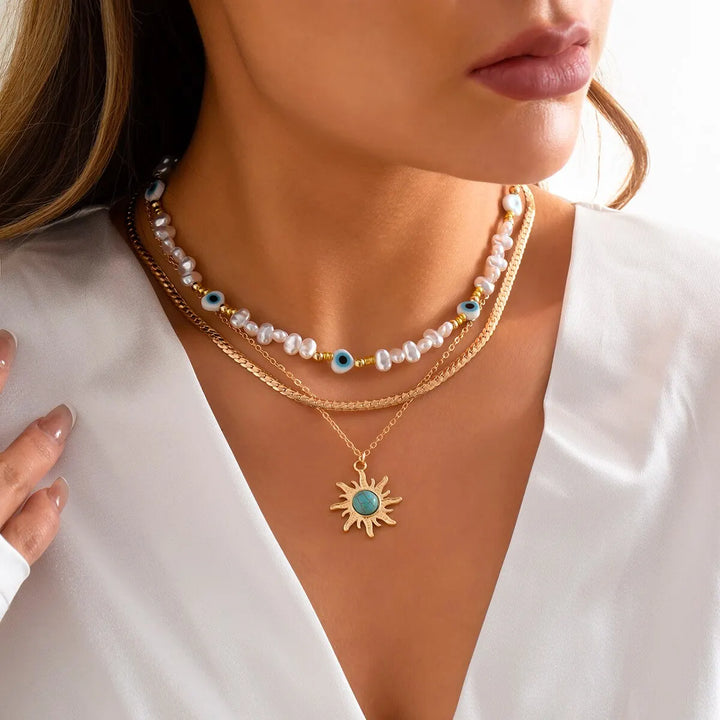 EthnoCharm Necklace Set – Sunflower & Evil Eye Accessories Bowlift