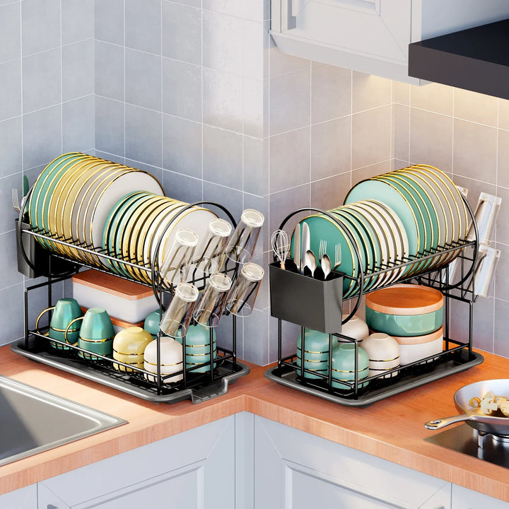 BowLift | 2-Tier Dish Drying Rack with Drainboard & Cutlery Holder – Aria