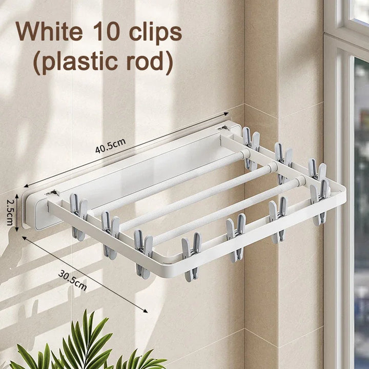 BowLift | DryFold Wall-Mounted Folding Clothes Drying Rack | Foldable & Space-Saving | With Wind-Resistant Clips | Plastic/Stainless Steel