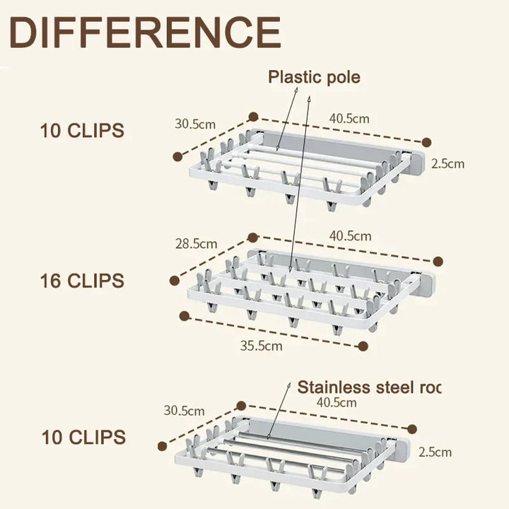 BowLift | DryFold Wall-Mounted Folding Clothes Drying Rack | Foldable & Space-Saving | With Wind-Resistant Clips | Plastic/Stainless Steel