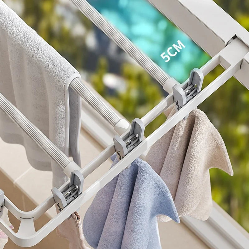 BowLift | DryFold Wall-Mounted Folding Clothes Drying Rack | Foldable & Space-Saving | With Wind-Resistant Clips | Plastic/Stainless Steel