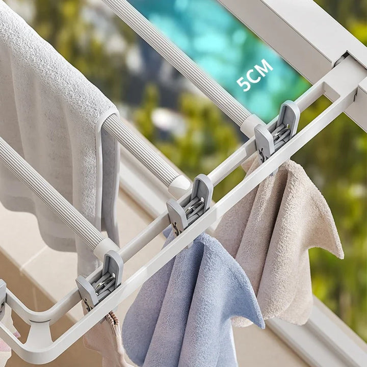 BowLift | DryFold Wall-Mounted Folding Clothes Drying Rack | Foldable & Space-Saving | With Wind-Resistant Clips | Plastic/Stainless Steel