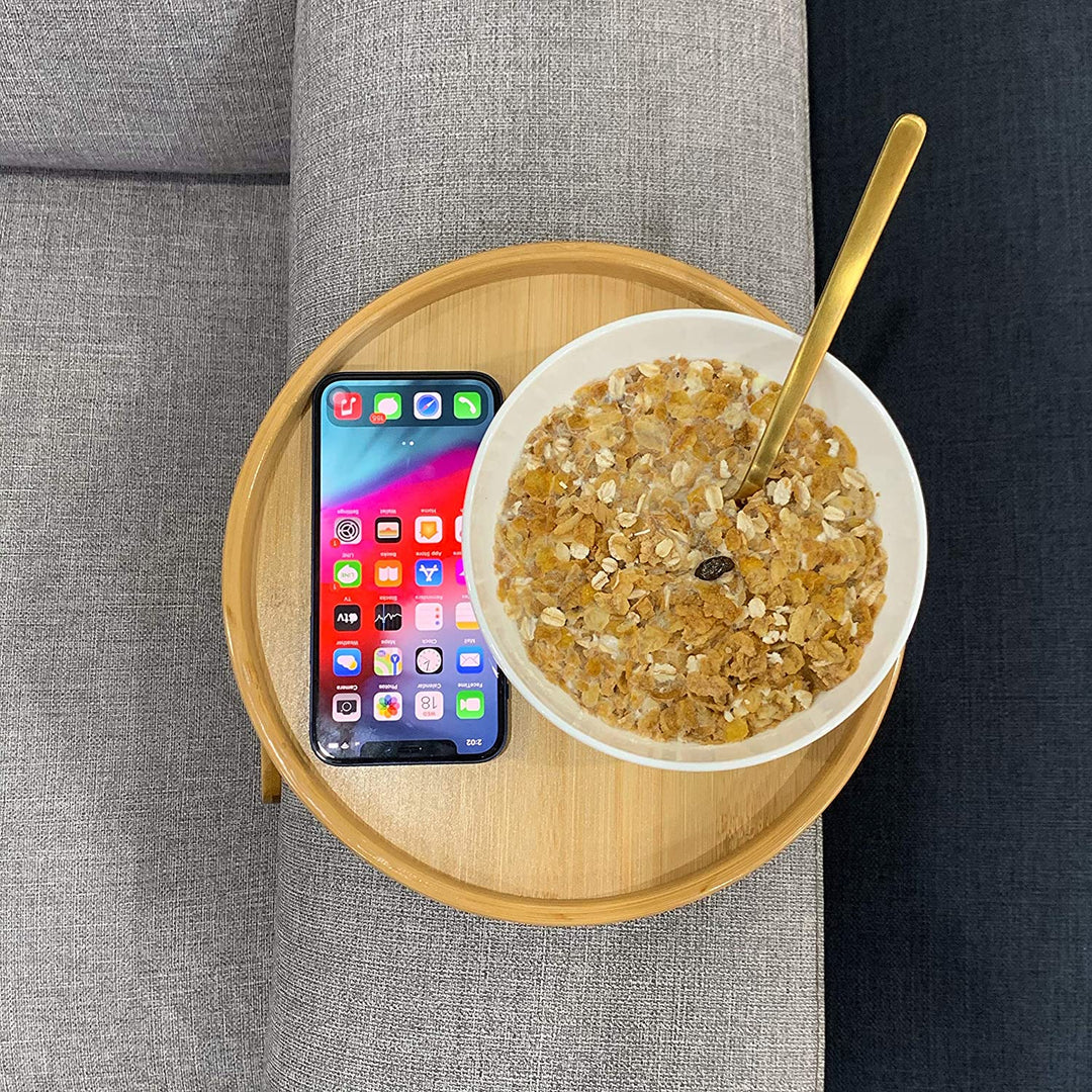 BowLift | Bamboo Sofa Armrest Clip-On Round Tray