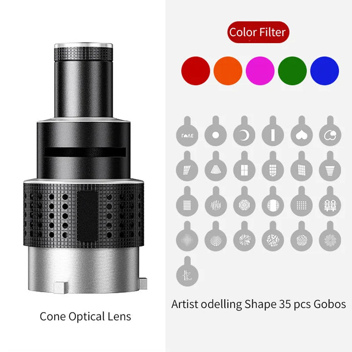 BowLift | Optical Spotlight Conical Lens Kit with 35 Gobos & Bowens Mount – Lumina