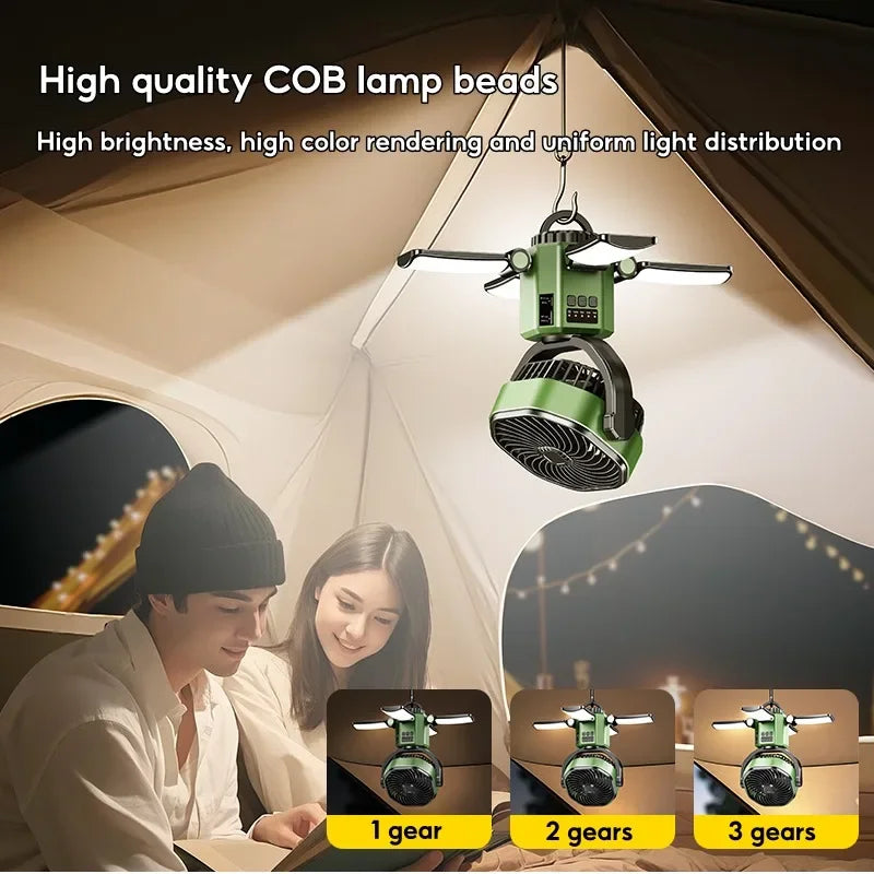 BowLift | Solar Camping Fan with 6000mAh Battery, LED Light & 4-Speed Cooling – SunBreeze