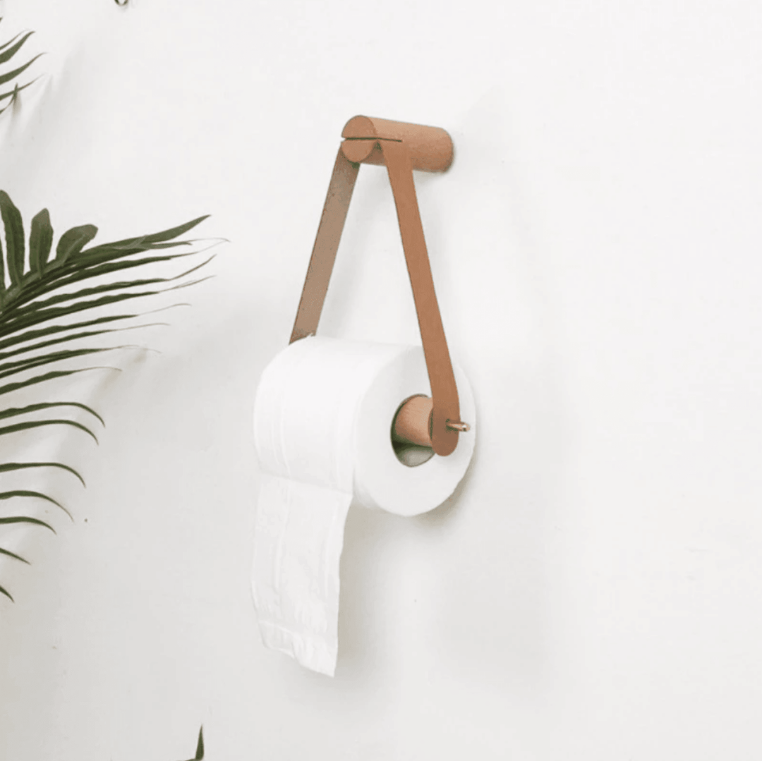 BowLift | High-Quality Toilet Paper Holder | Oak & Faux Leather | Minimalist Bathroom Design