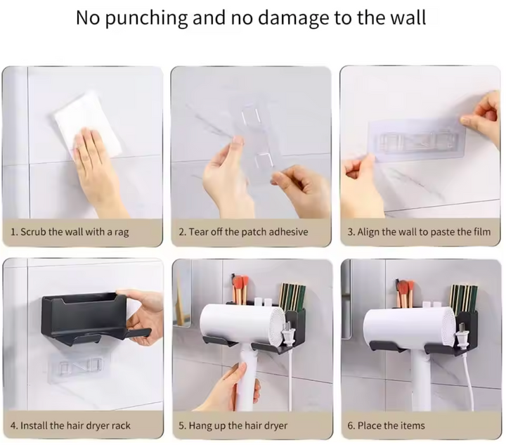 Multifunctional hair dryer holder – wall mounted | no drilling | with plug storage | ABS plastic Bowlift
