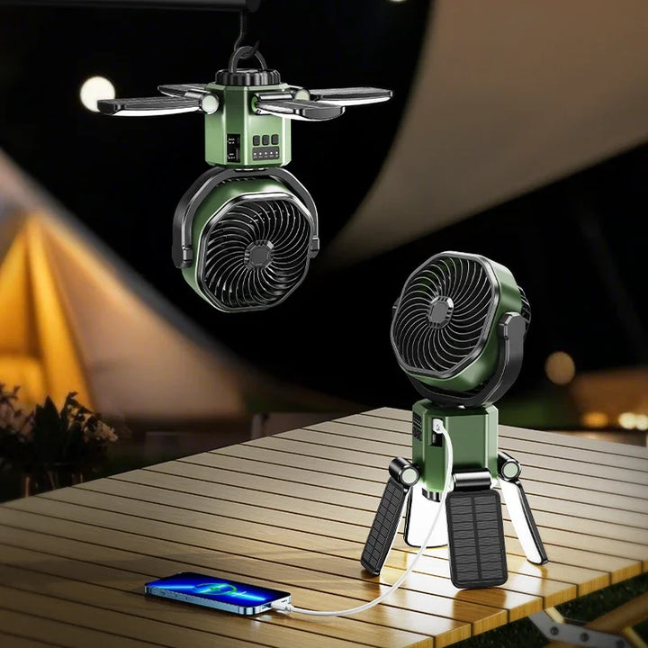 BowLift | Solar Camping Fan with 6000mAh Battery, LED Light & 4-Speed Cooling – SunBreeze