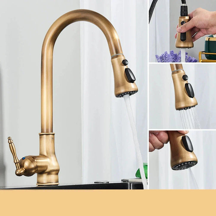 BowLift | VintageTap Antique Brass Kitchen Tap – Retro Style Mixer Faucet with Swivel Spout