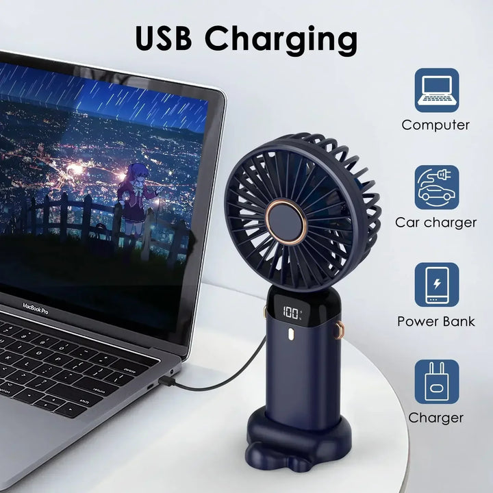 5000mAh Handheld Mini Fan – Wireless USB Rechargeable Portable Fan with Digital Display, Phone Holder, 5-Speed Foldable Neck Hanging Fan | Bowlift