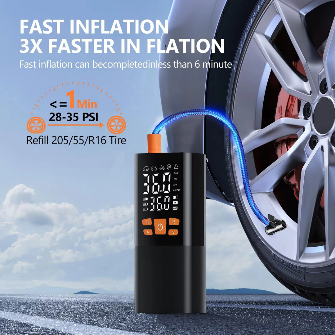 BowLift | Portable Tire Inflator Air Compressor, 180 PSI Rechargeable Pump with 25000mAh Battery