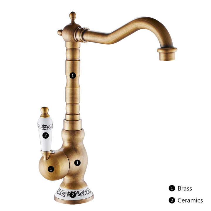 Kitchen faucet made of antique brass with ceramic handle - 360° swivel | Traditional design Bowlift