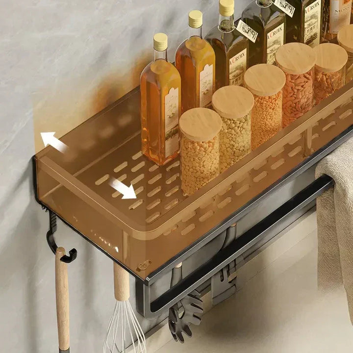 BowLift | Black Wall-Mounted Kitchen Rack – Spice Shelf with Utensil Hook Bar