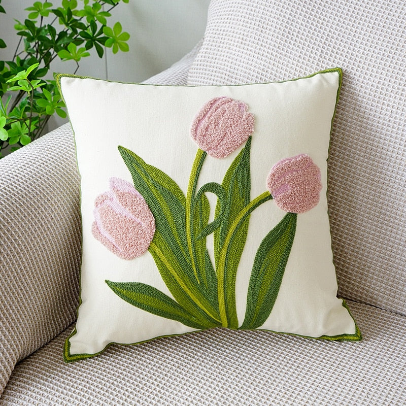 Embroidered tulip cushion cover