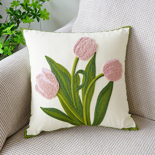 Embroidered tulip cushion cover