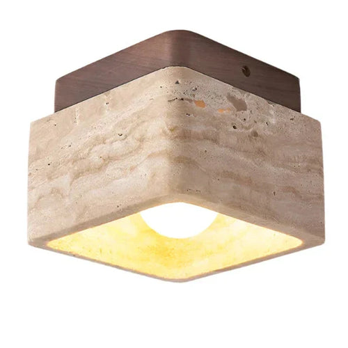 BowLift | Square Travertine & Wood LED Ceiling Lamp