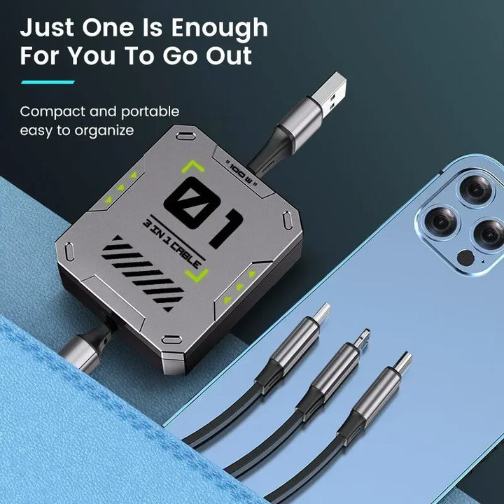 BowLift | 3-in-1 Charging Cable | Fast Charging 100W | Extendable & Universal | FlexiCharge for iPhone, Android & USB-C