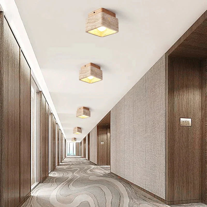 BowLift | Square Travertine & Wood LED Ceiling Lamp