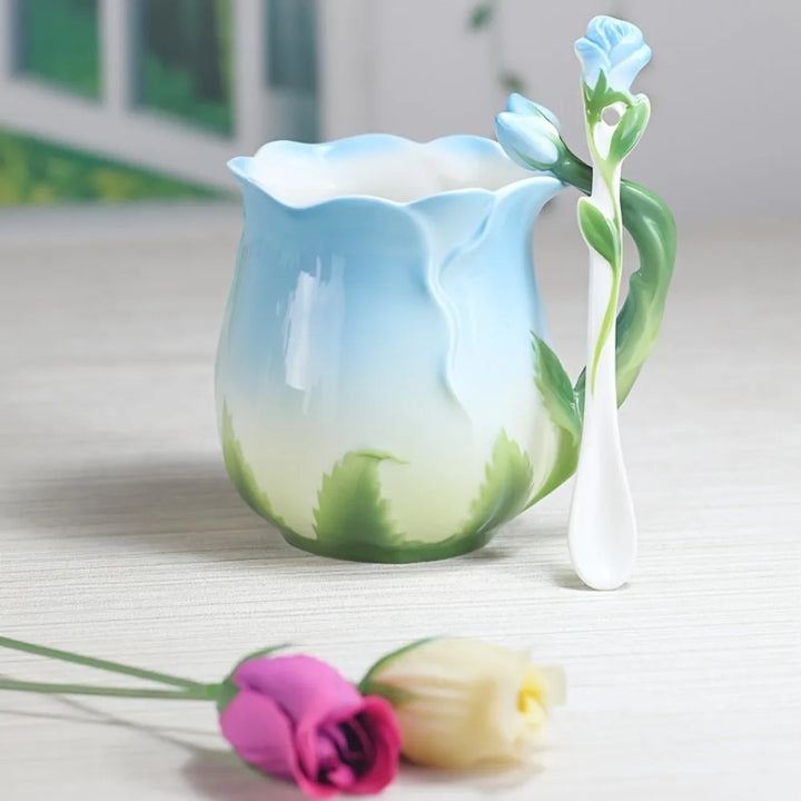 BowLift | 3D Rose Flower Coffee Mug Ceramic Coffee Mugs Cute Aesthetic Water Cups with Spoon Summer Winter Drinking Utensils Valentine's Day Gifts