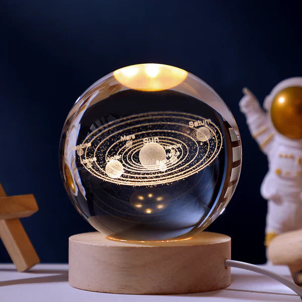 Glowing crystal ball with LED – Decorative 3D glass ball with galaxy design and wooden base | Bowlift