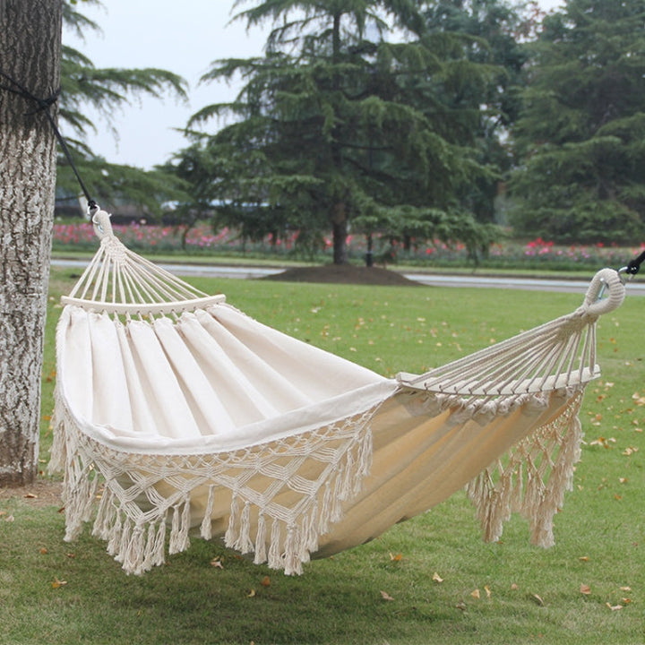 BowLift | 200x150cm Double Outdoor Camping Fringe Canvas Hammock with Pole (White)