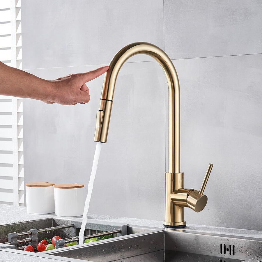 BowLift | TouchTech Pull-Out Kitchen Tap – Sensor Touchless Mixer Tap with Flexible Spout | Modern Brass Faucet
