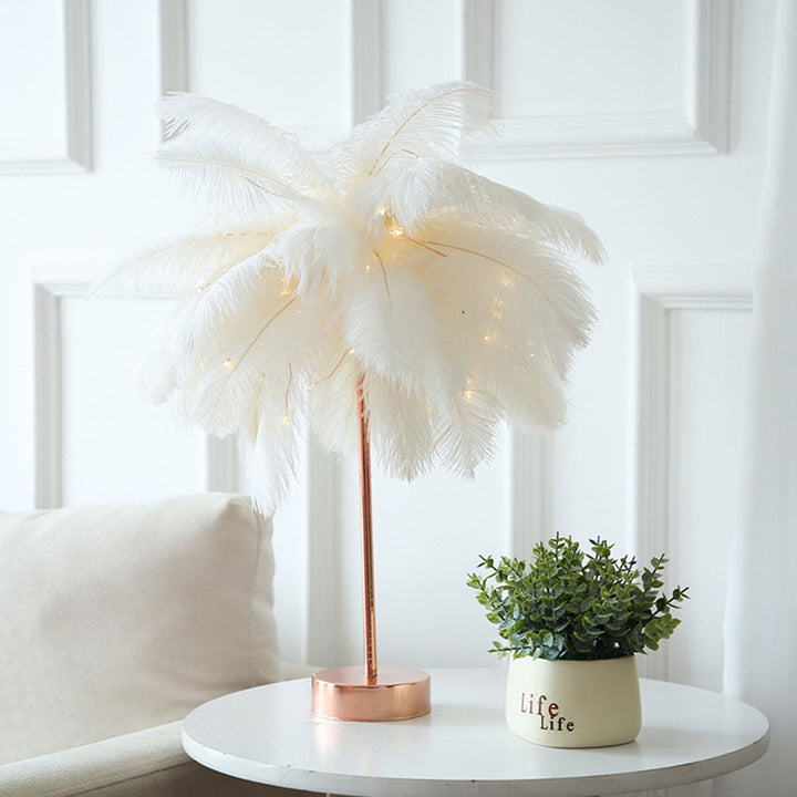 Ostrich Night Light | Eccentric Lamp with Feathers & Rose Gold Base | Bowlift