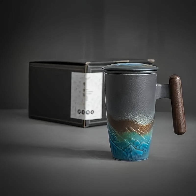 BowLift | TeaCraft Ceramic Mug | Handmade | With Tea Infuser & Wooden Handle | Retro Design