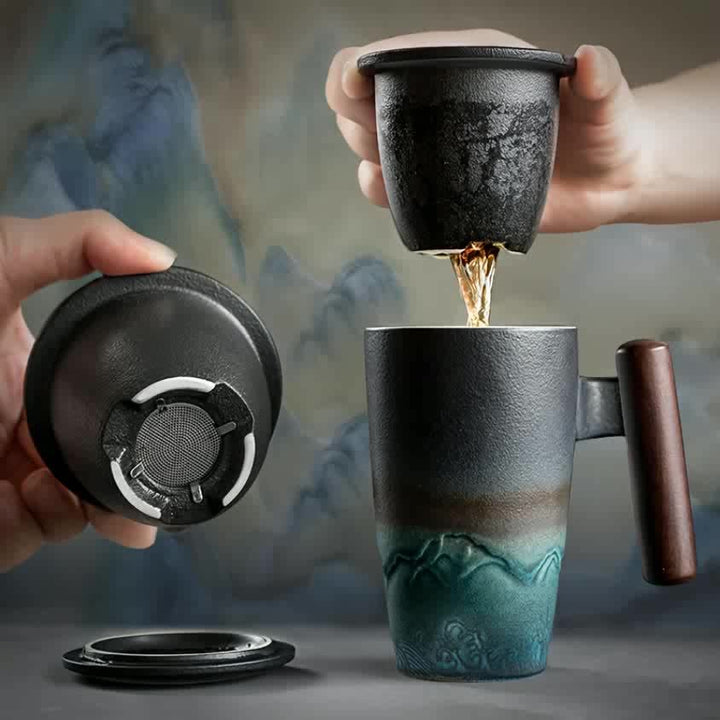 BowLift | TeaCraft Ceramic Mug | Handmade | With Tea Infuser & Wooden Handle | Retro Design
