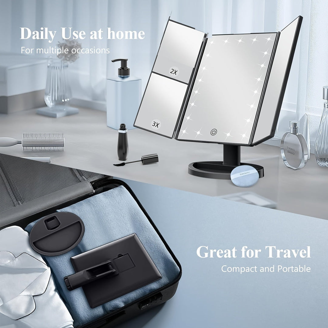 GlowMirror – Foldable LED Makeup Mirror with 3x/2x Magnification | Bowlift