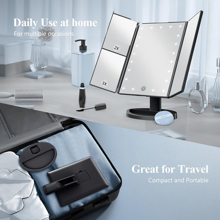 GlowMirror – Foldable LED Makeup Mirror with 3x/2x Magnification | Bowlift
